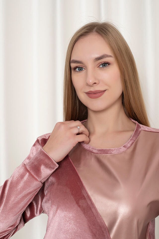 0062 Kadife Üçgen Deri Detay Sweat Pembe