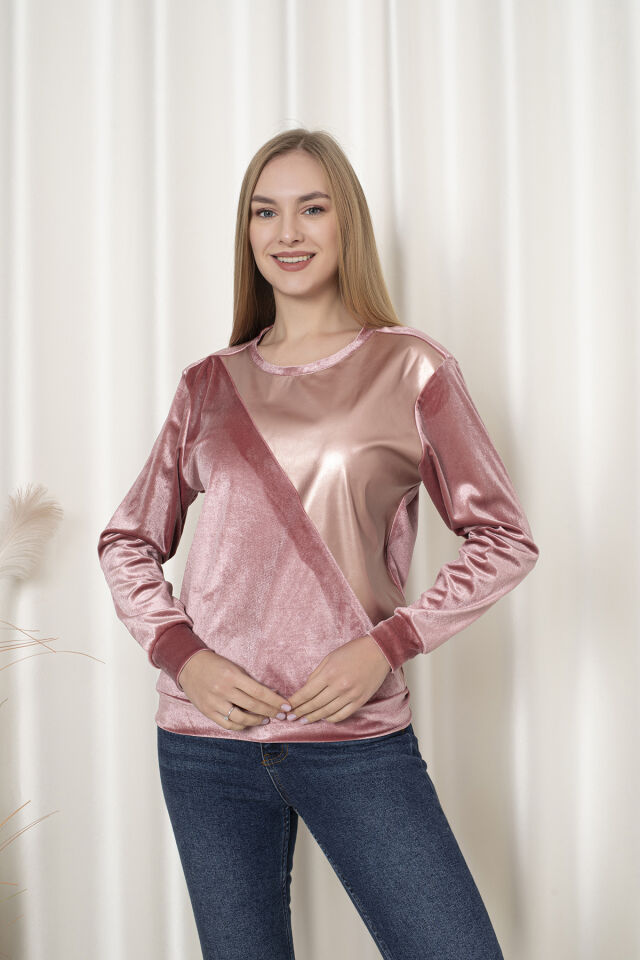0062 Kadife Üçgen Deri Detay Sweat Pembe L - PEMBE