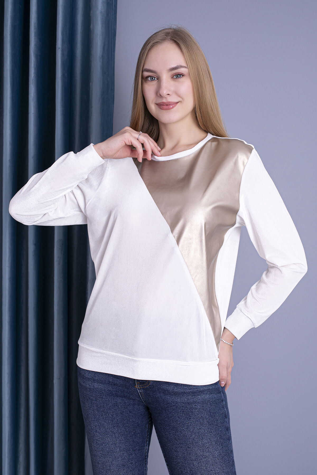 0062 Kadife Üçgen Deri Detay Sweat Pembe S - krem gold