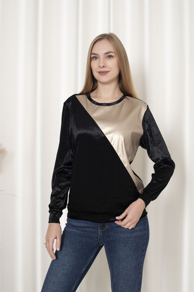 0062 Kadife Üçgen Deri Detay Sweat Pembe 2XL - siyahgold