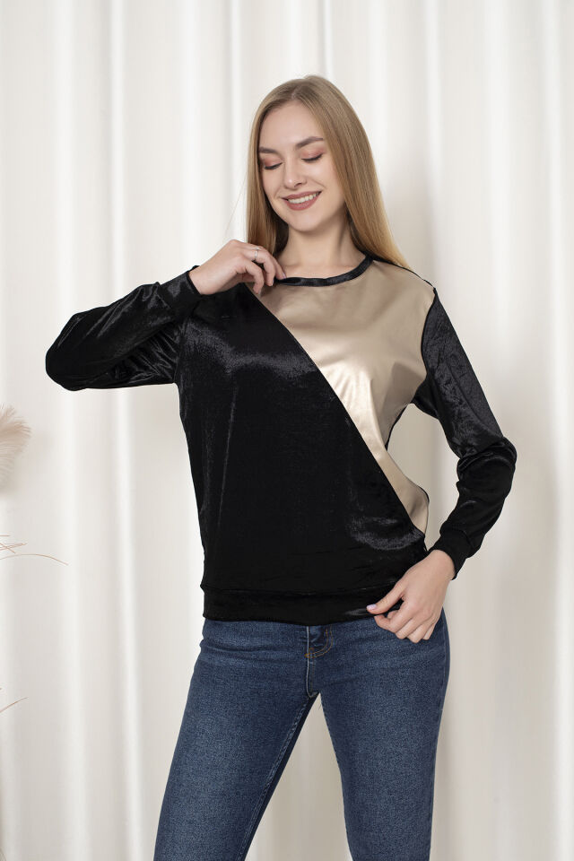 0062 Kadife Üçgen Deri Detay Sweat Pembe 2XL - siyahgold