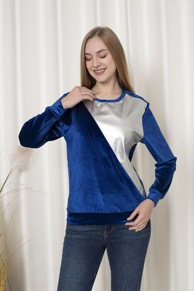 0062 Kadfe Üçgen Deri Detay Sweat Gold & Siyah XL - mavi gri