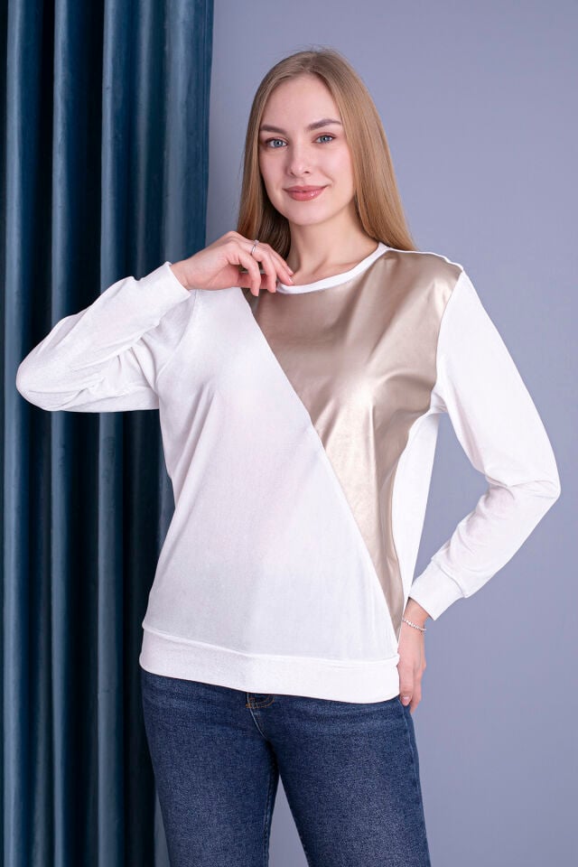 0062 Kadfe Üçgen Deri Detay Sweat Gold & Siyah S - krem gold