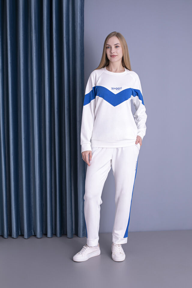 0058 Unisex Yanı Sax Mavi Şerit Krem Eşofman S - krem sax