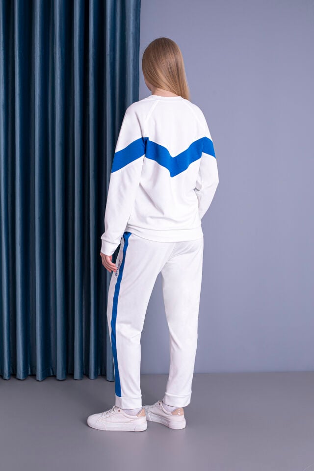 0058 Unisex Yanı Sax Mavi Şerit Krem Eşofman M - krem sax