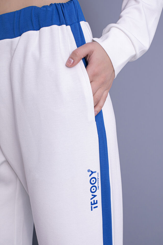 0058 Unisex Yanı Sax Mavi Şerit Krem Eşofman L - krem sax