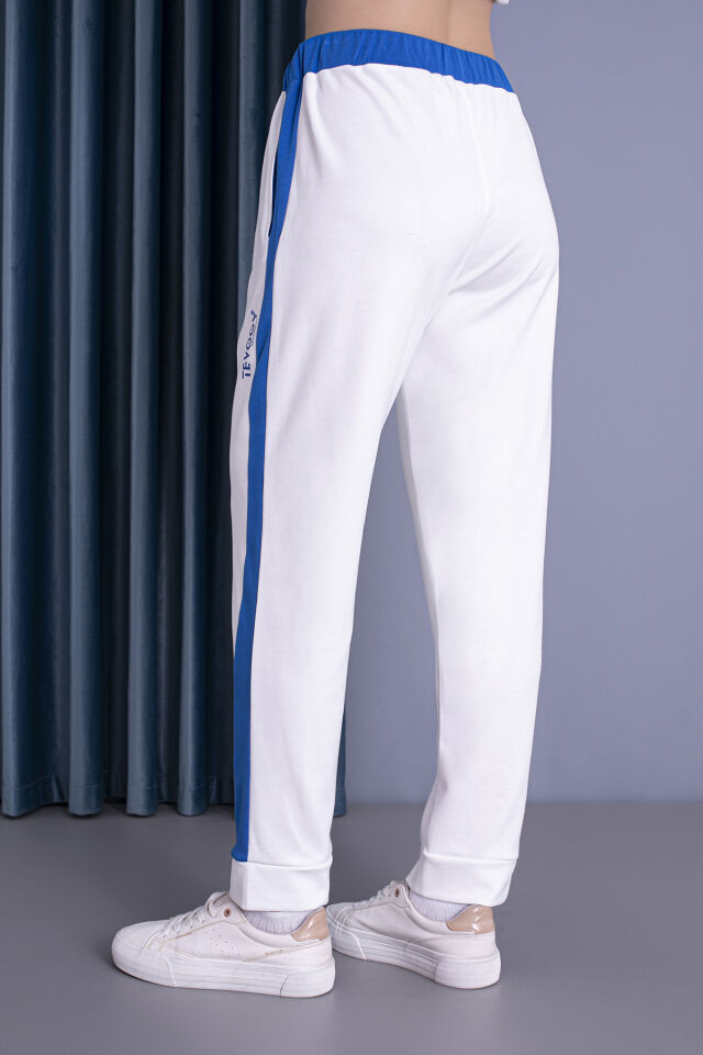 0058 Unisex Yanı Sax Mavi Şerit Krem Eşofman L - krem sax