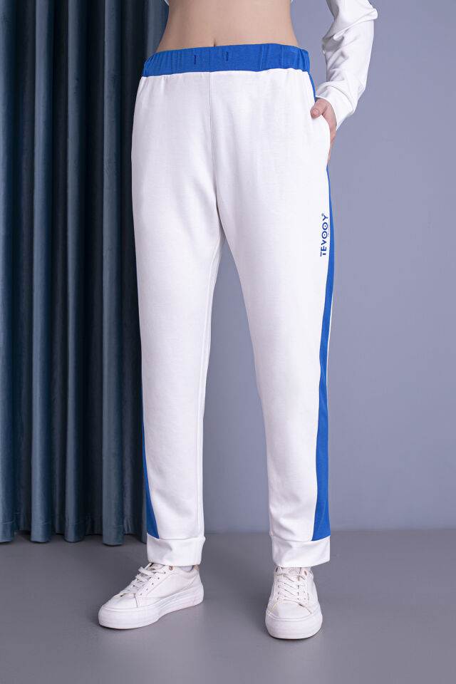 0058 Unisex Yanı Sax Mavi Şerit Krem Eşofman XL - krem sax