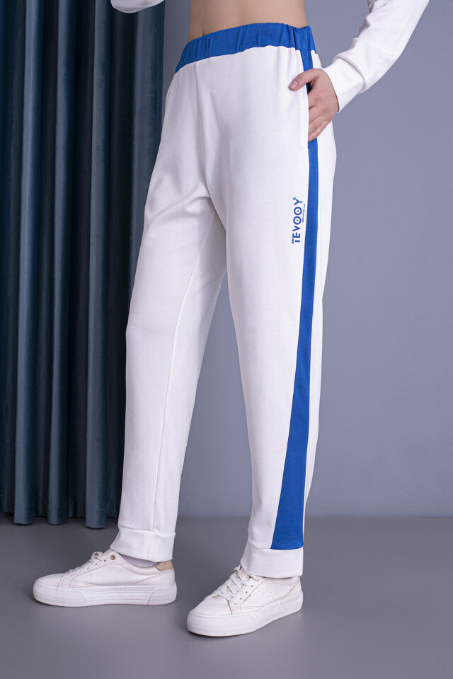 0058 Unisex Yanı Sax Mavi Şerit Krem Eşofman XL - krem sax