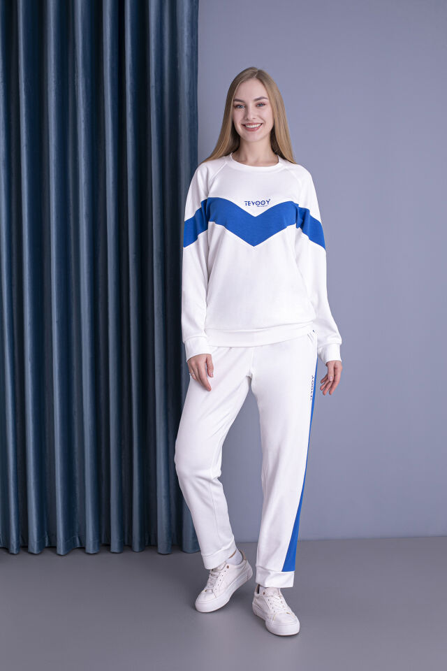 0058 Unisex Yanı Sax Mavi Şerit Krem Eşofman XL - krem sax