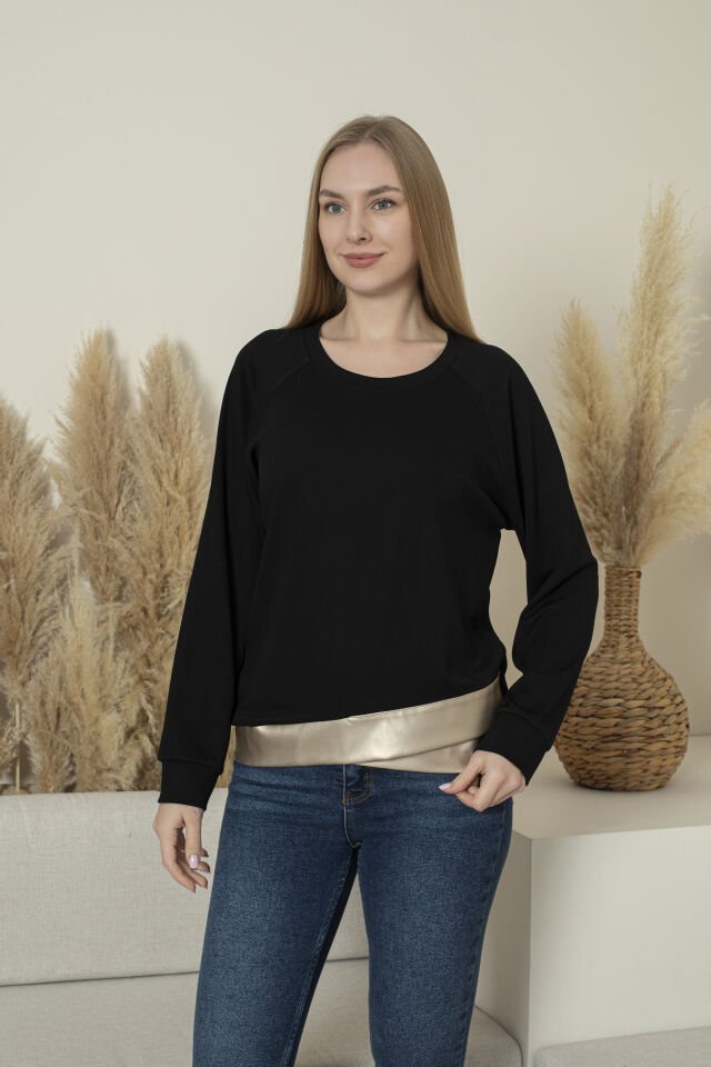 00611 oysho Beli gümüş deri manşetli sweat S - SİYAH