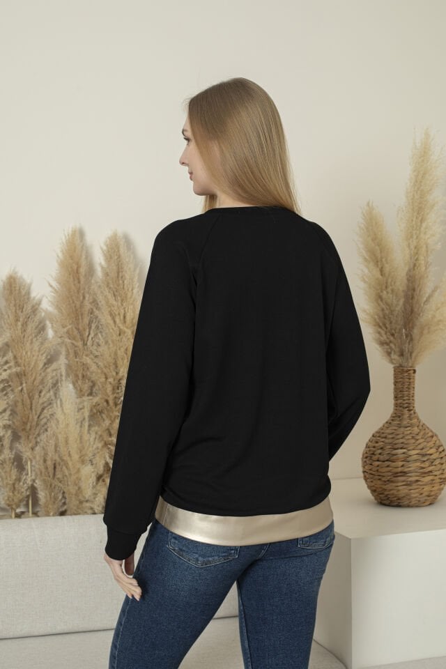 00611 oysho Beli gümüş deri manşetli sweat XL - SİYAH