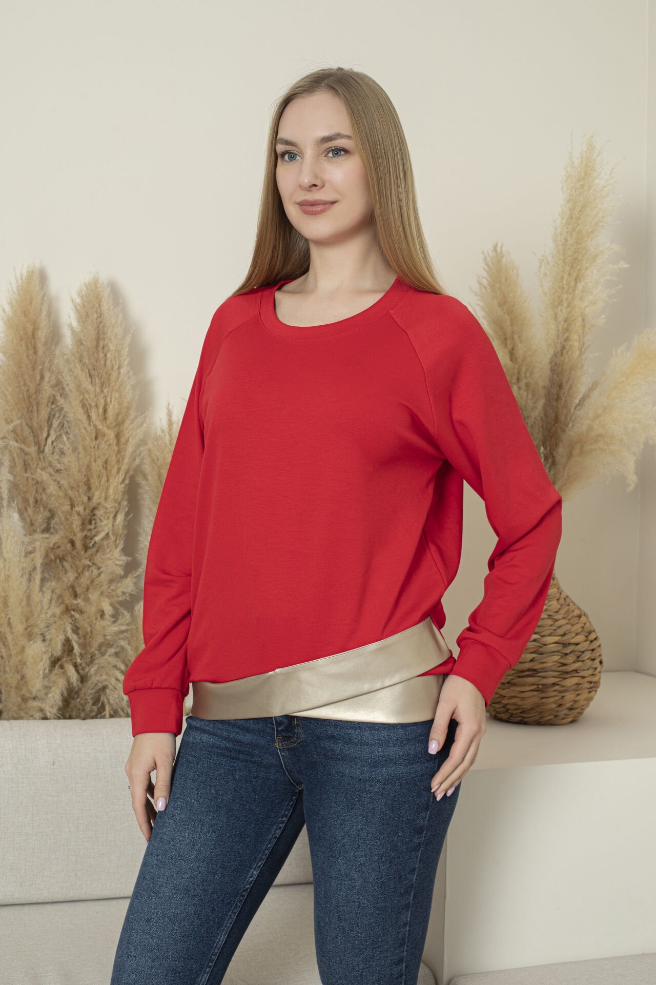 0061 Beli Gümüş deri manşetli sweat S - KIRMIZI