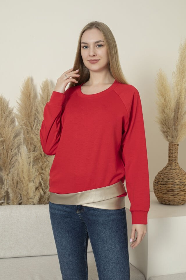 0061 Beli Gümüş deri manşetli sweat L - KIRMIZI