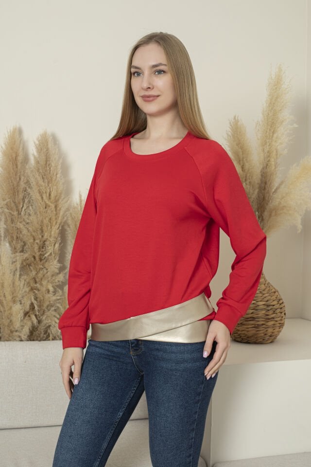0061 Beli Gümüş deri manşetli sweat 2XL - KIRMIZI