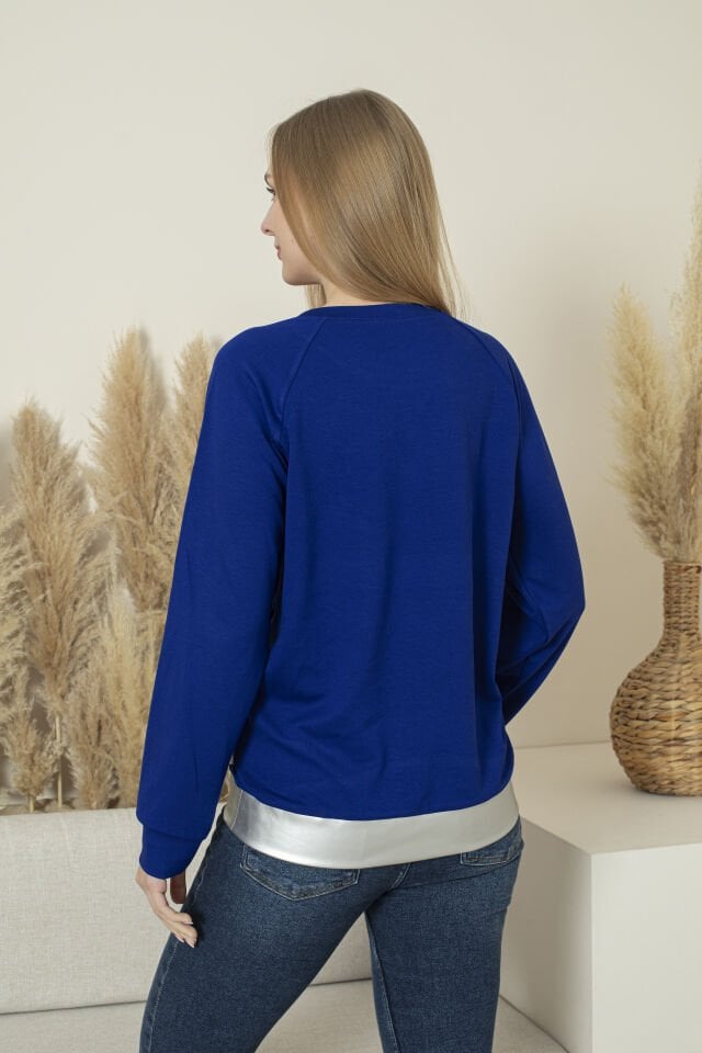 0061 Beli Gümüş deri manşetli sweat L - MAVİ