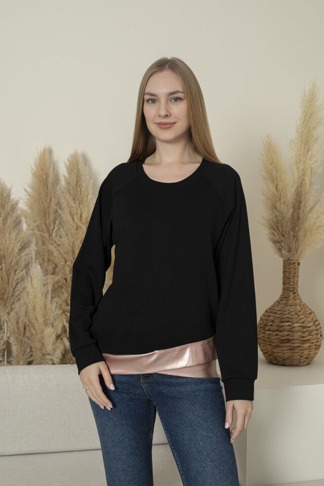 0061 Beli pembe deri manşetli sweat S - SİYAH