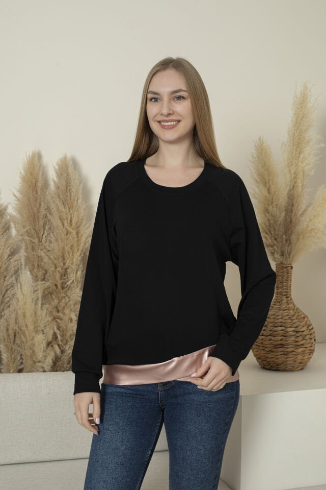 0061 Beli pembe deri manşetli sweat L - SİYAH