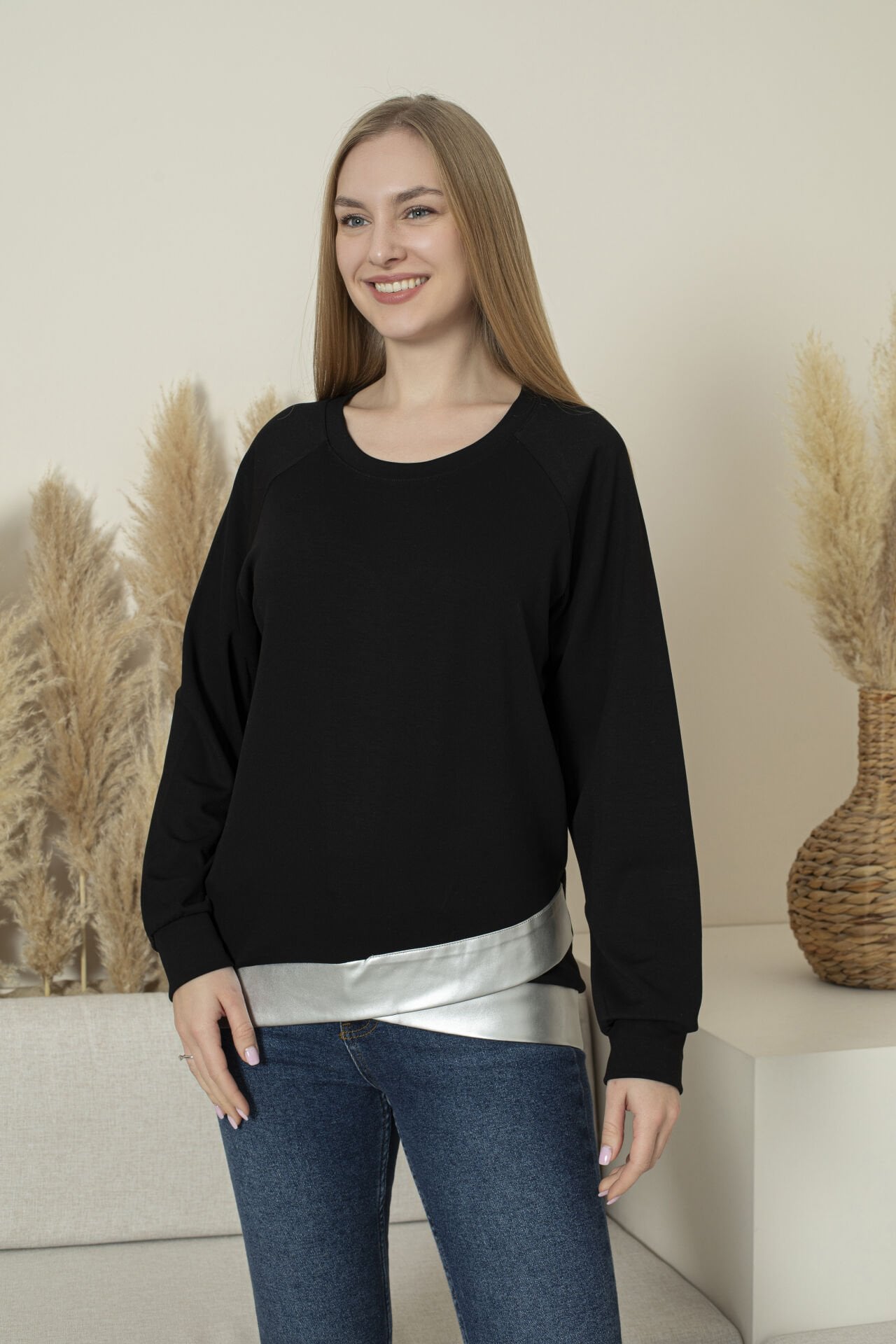 0061 Beli gümüş deri manşetli sweat L - SİYAH
