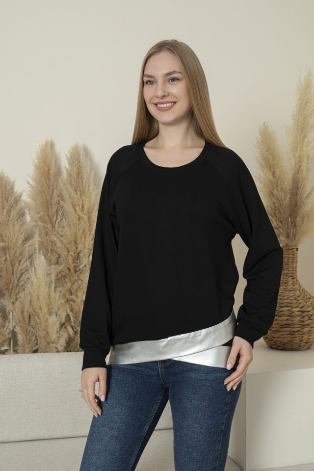 0061 Beli gümüş deri manşetli sweat L - SİYAH