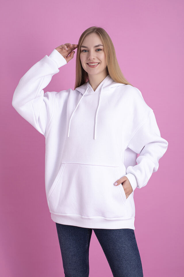0003 Üç İplik Şardonlu Pembe Sweatshirt XL - BEYAZ