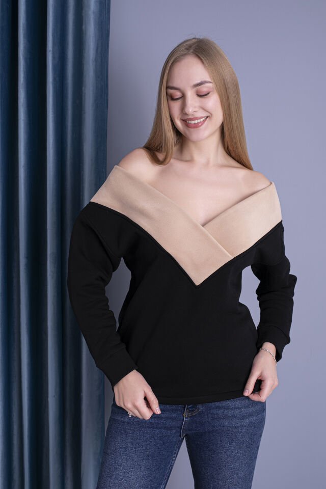 0063 Kayık Yaka Kahve Siyah Sweat XL - SİYAH