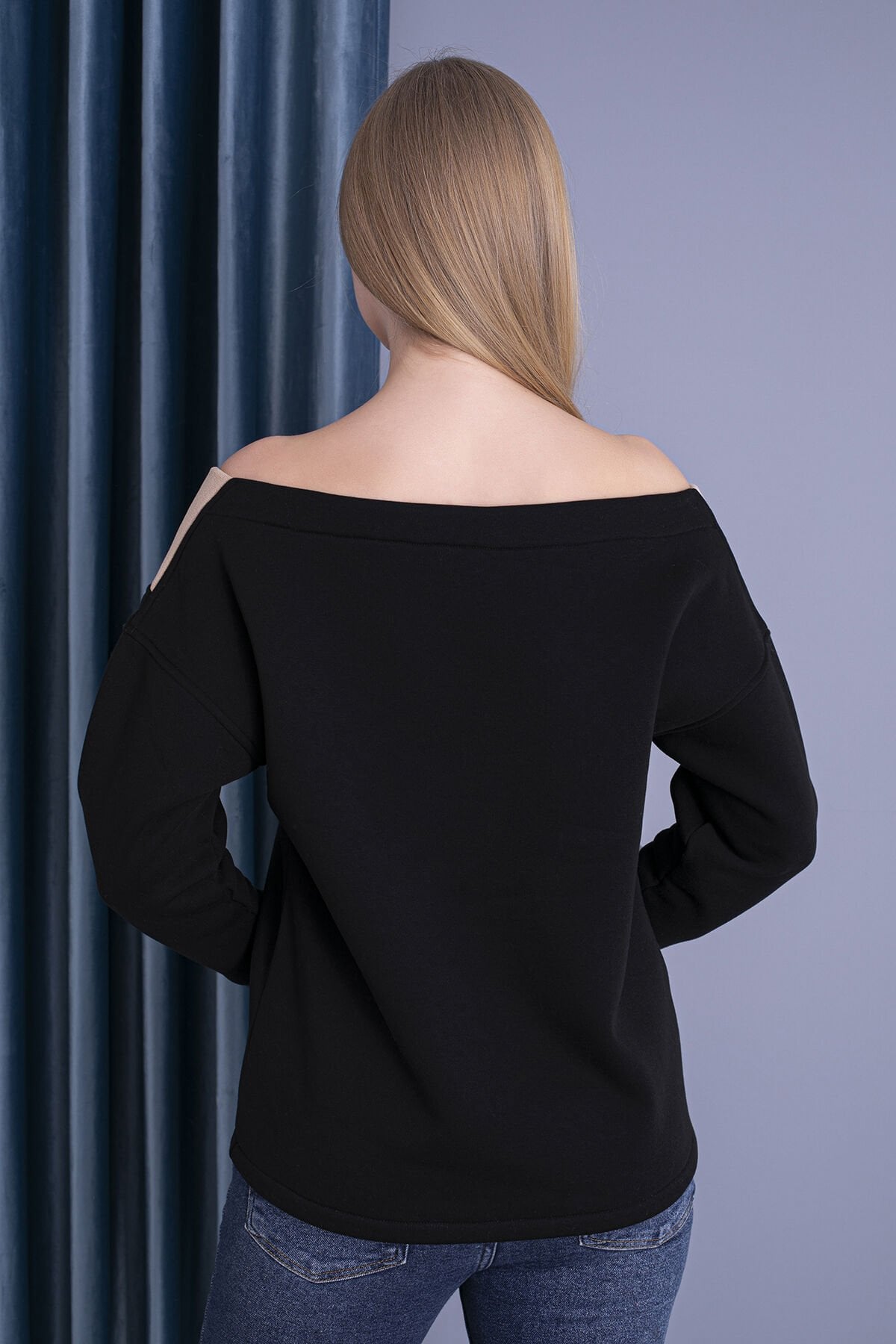 0063 Kayık Yaka Kahve Siyah Sweat XL - SİYAH