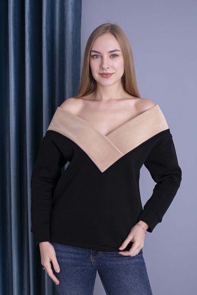 0063 Kayık Yaka Kahve Siyah Sweat 2XL - SİYAH