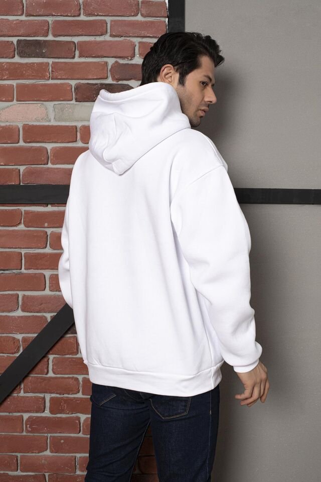 0003 ÜNİSEX KAPŞONLU CEPLİ OWERSİZE SWEAT  BEYAZ