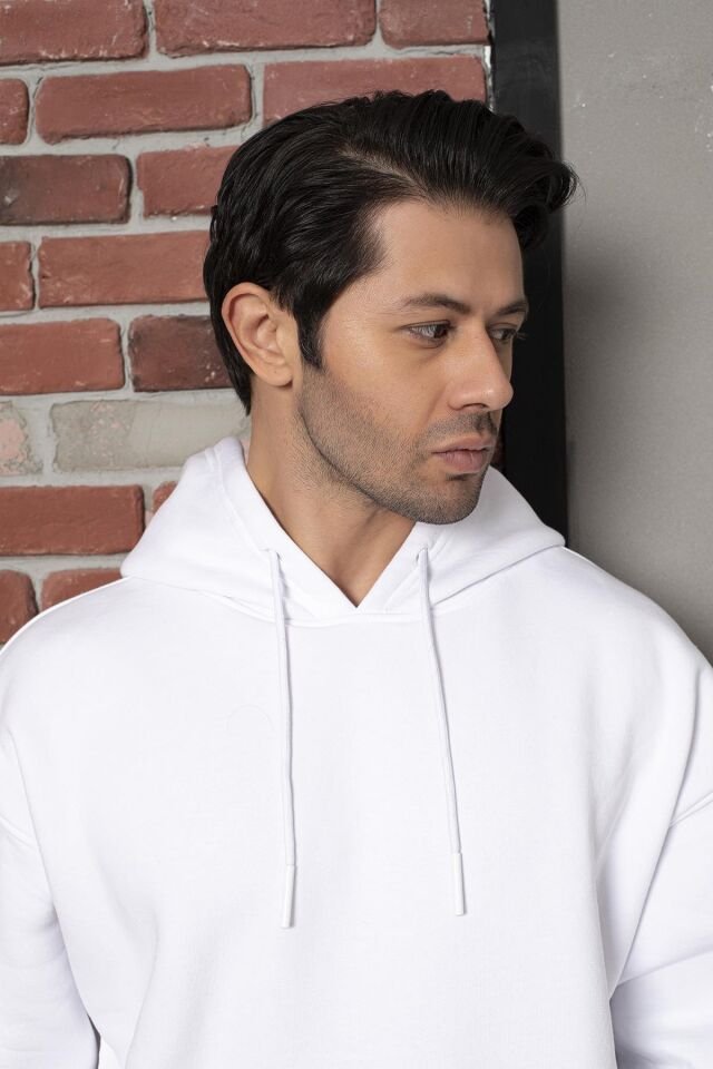 0003 ÜNİSEX KAPŞONLU CEPLİ OWERSİZE SWEAT  BEYAZ