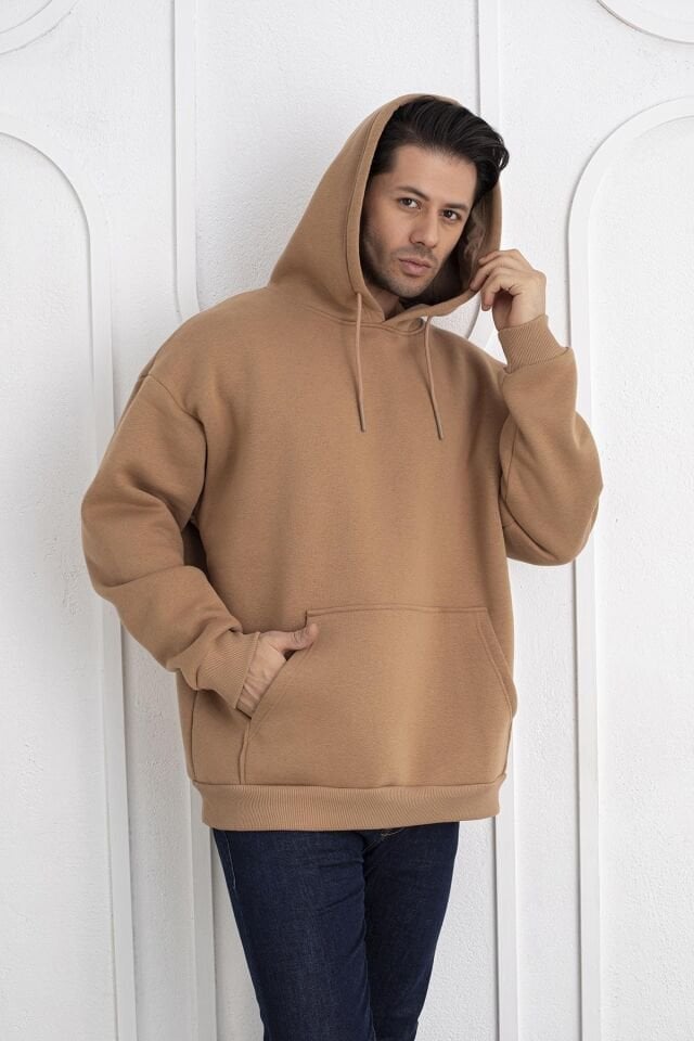 0003 ÜNİSEX KAPŞONLU CEPLİ OWERSİZE SWEAT KAHVE