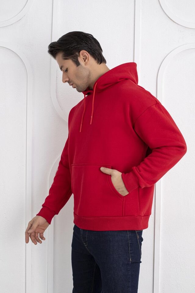 0003 ÜNİSEX KAPŞONLU CEPLİ OWERSİZE SWEAT KIRMIZI