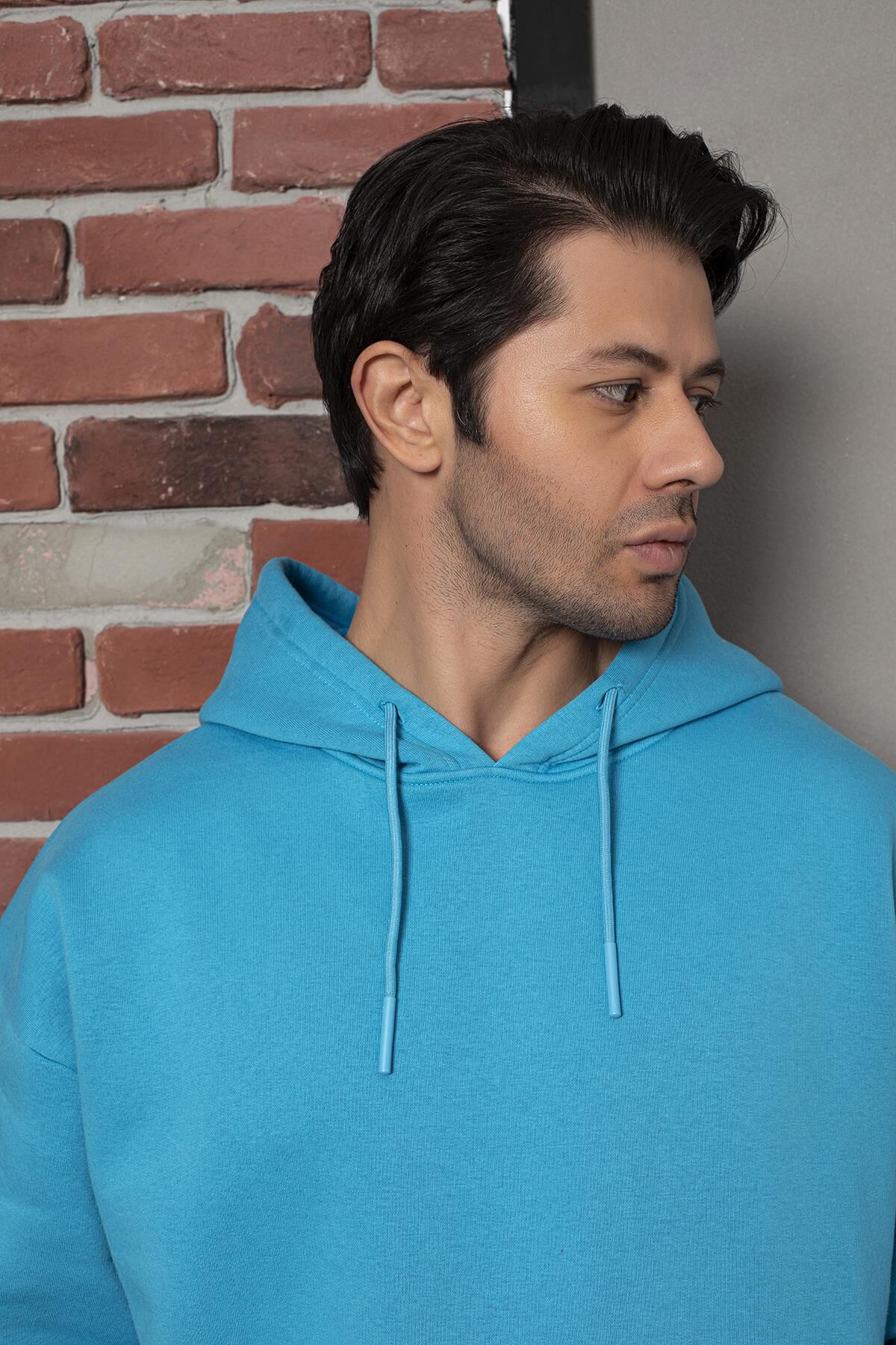 0003 ÜNİSEX KAPŞONLU CEPLİ OWERSİZE SWEAT MAVİ