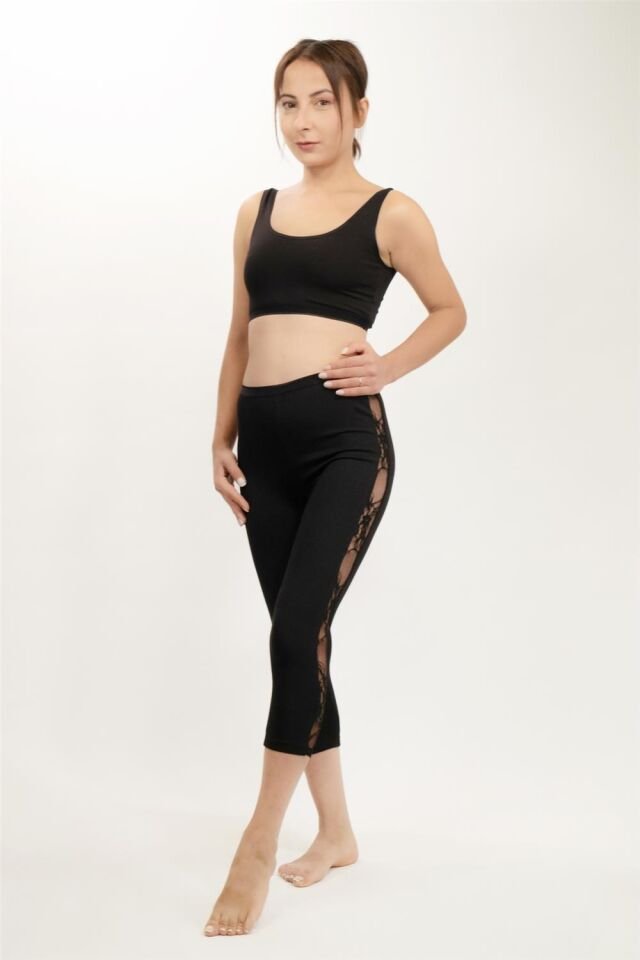 4358 Yanları Şerit Dantelli Kapri Tayt Black