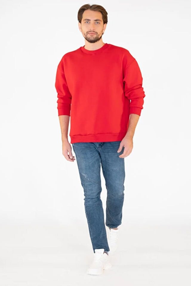 0001 ÜNİSEX KAPŞONSUZ CEPSİZ OWERSİZE SWEAT KIRMIZI