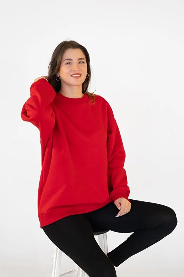 0001 ÜNİSEX KAPŞONSUZ CEPSİZ OWERSİZE SWEAT KIRMIZI