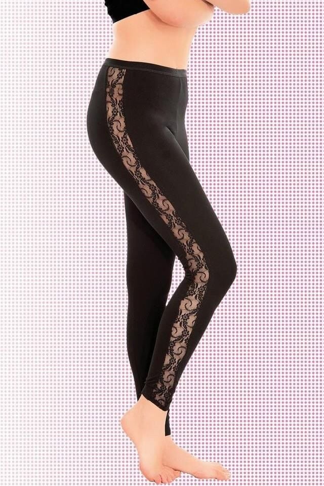 4359 Yanları Şerit Dantelli Uzun Tayt Black