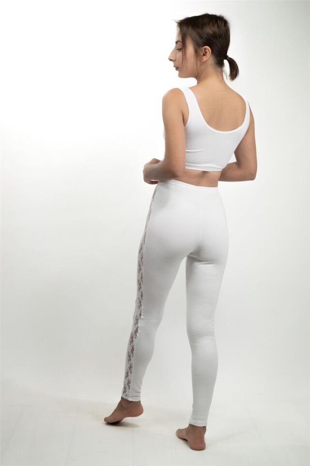 4359 Yanları Şerit Dantelli Uzun Tayt White