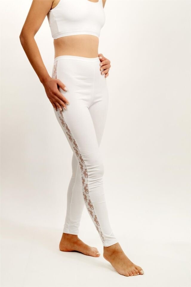 4359 Yanları Şerit Dantelli Uzun Tayt White