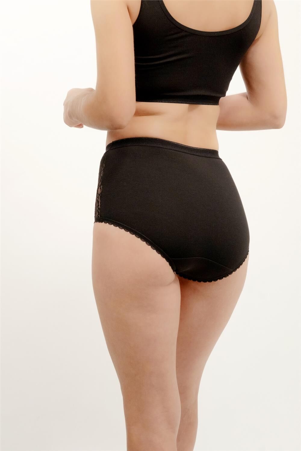 4366 Yanları Şerit Dantelli Yüksek Bel Bato Külot Black