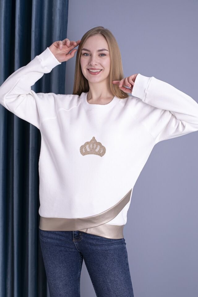 0061 BEL KEMER DERİ DETAYLI BAYAN SWEAT