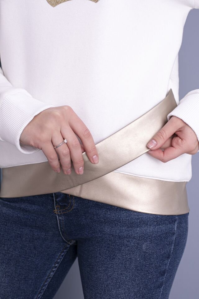 0061 BEL KEMER DERİ DETAYLI BAYAN SWEAT