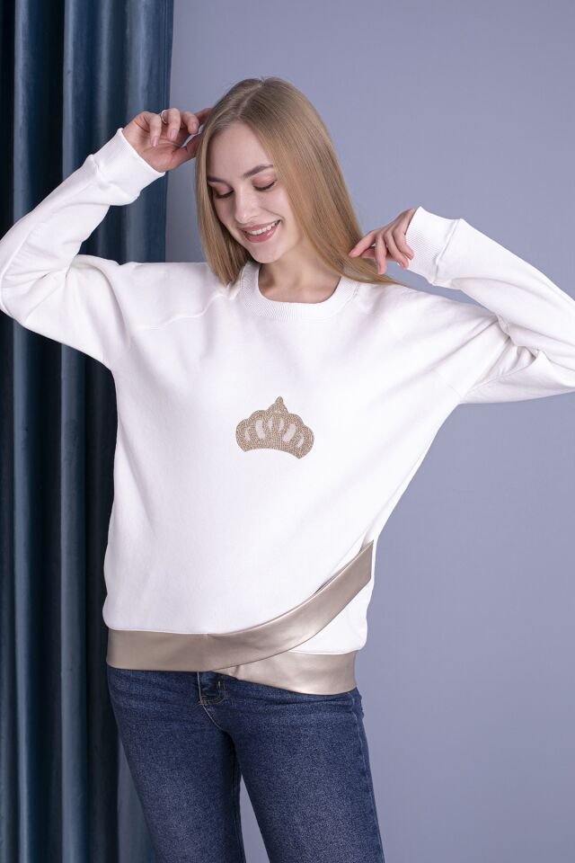 0061 BEL KEMER DERİ DETAYLI BAYAN SWEAT