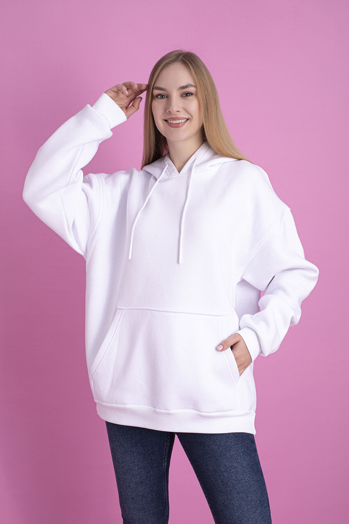 0003 Üç İplik Şardonlu Mor Sweatshirt XL - BEYAZ