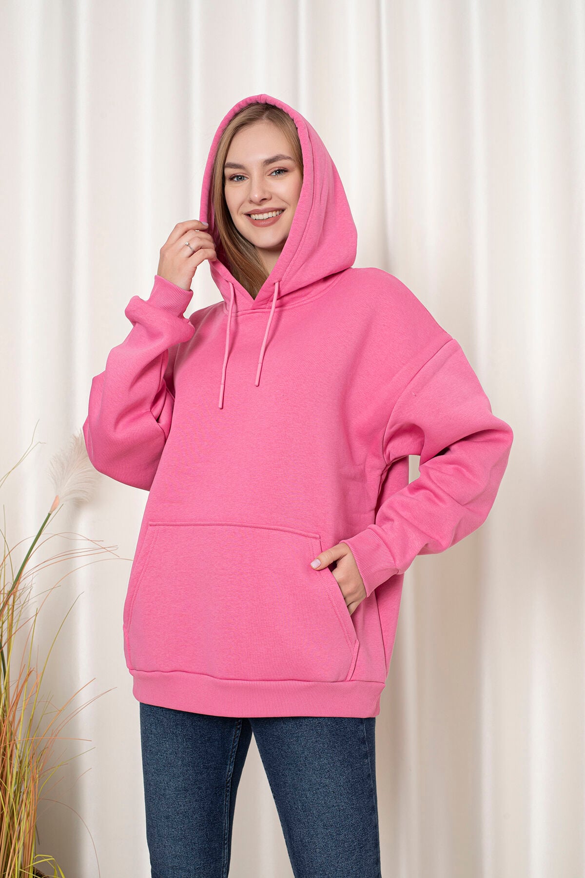 0003 Üç İplik Şardonlu Gri Sweatshirt L - PEMBE