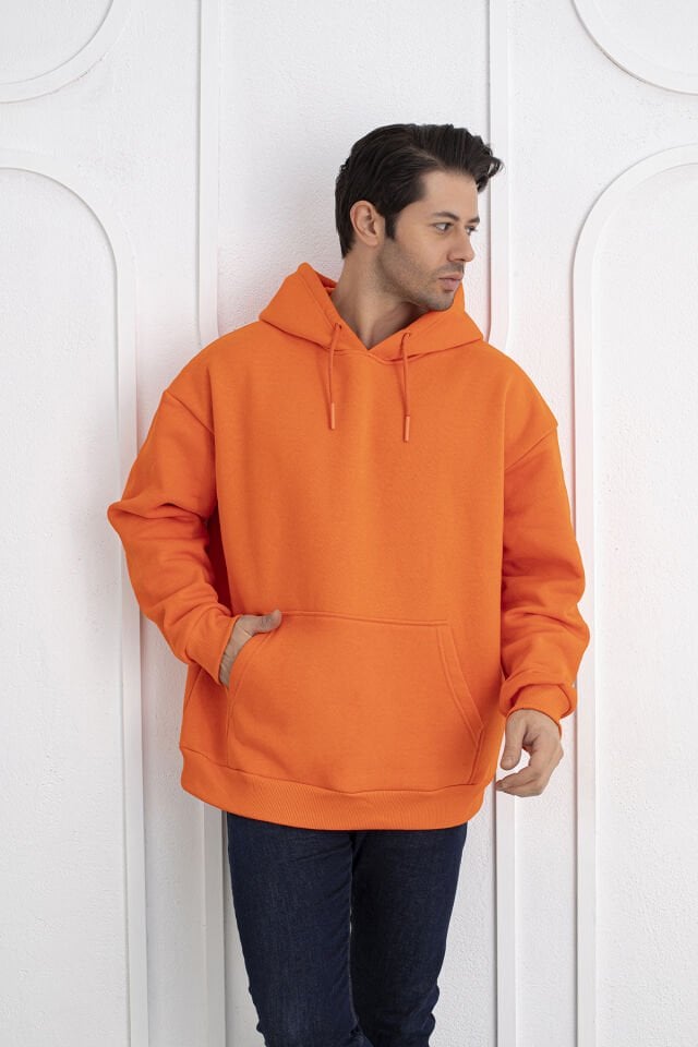 0003 Turuncu  Kapşonlu Cepli Unisex Owersıze Sweatshirt