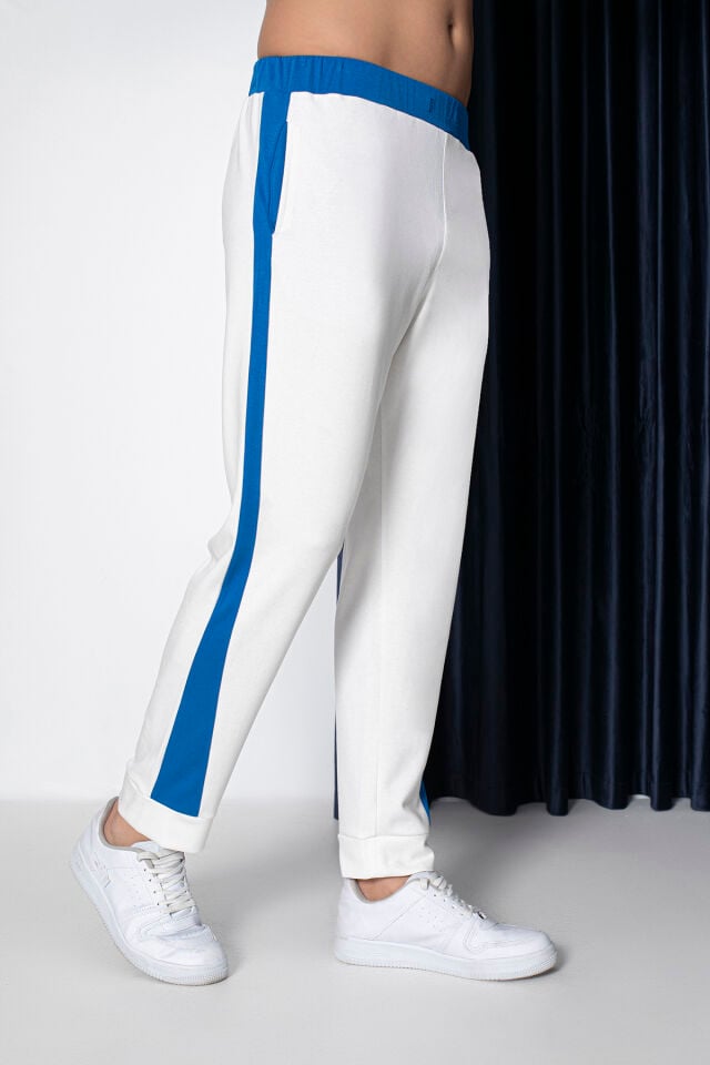 0058 Unisex Yanı Sax Mavi Şerit Krem Eşofman