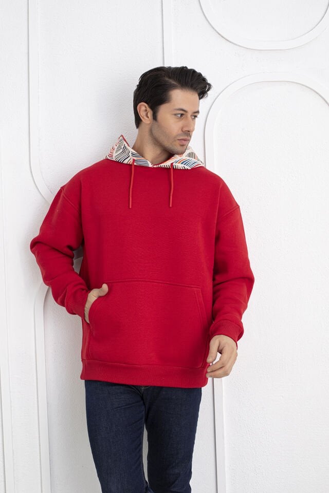 0066 Kapşon Yaprak Desenli Unisex Kırmızı Sweat