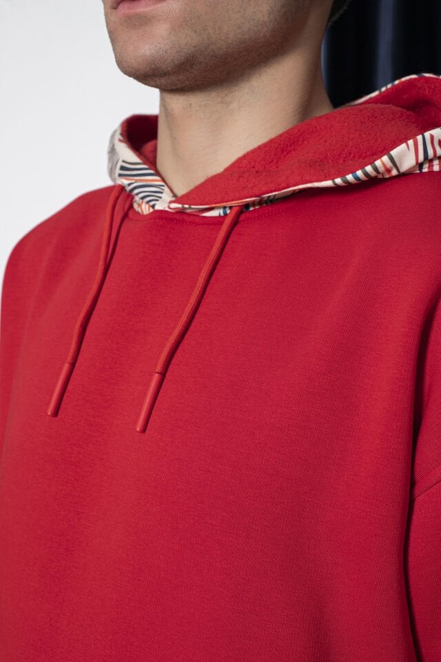 0066 Kapşon Yaprak Desenli Unisex Kırmızı Sweat