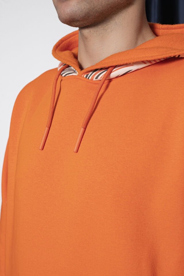 0068 Kapşon & Cep Yaprak Desenli Unisex Turuncu Sweat